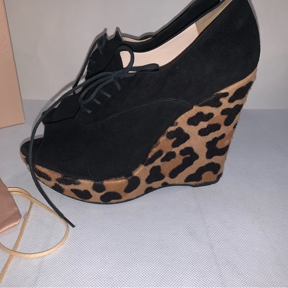 Prada Black Suede Leopard Print Calf Hair Peep Toe Wedges - Picture 5 of 10